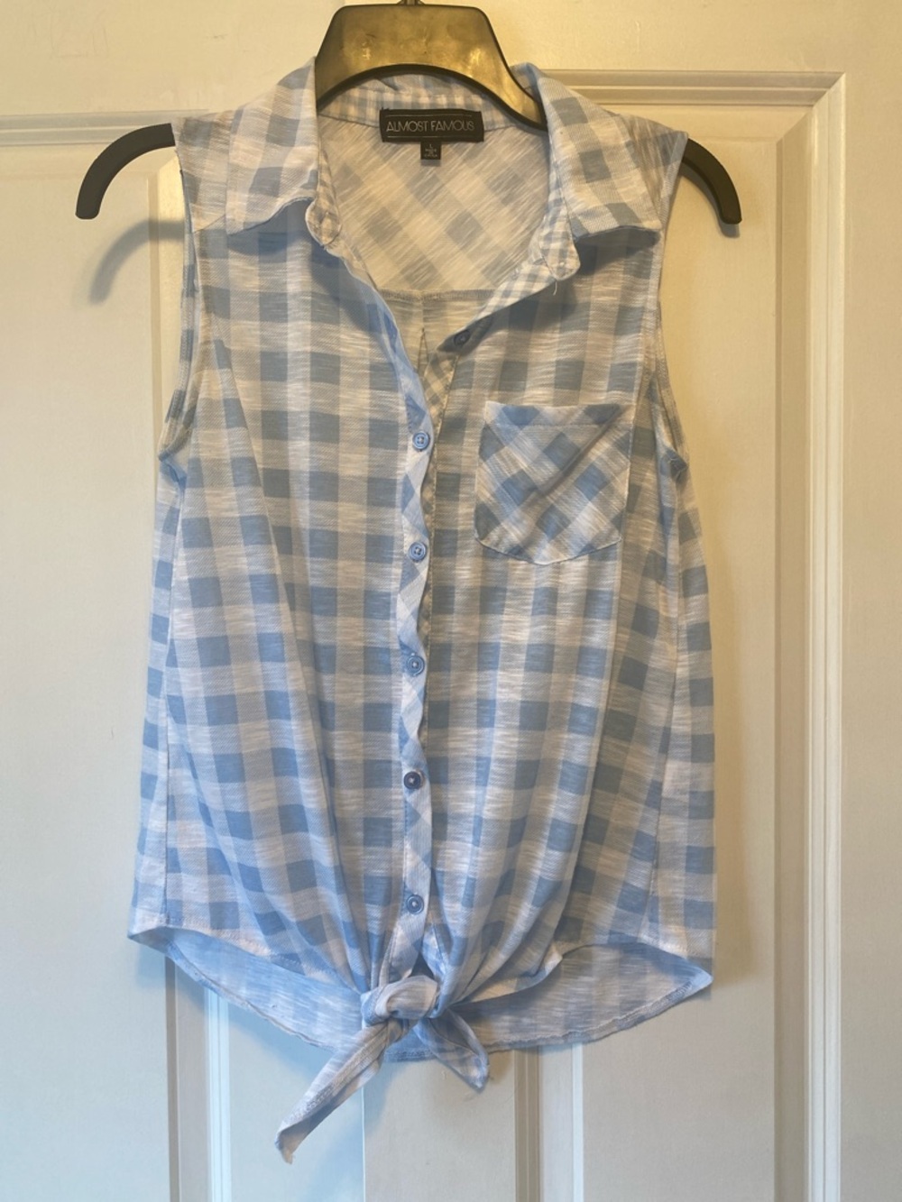 3 for $15 Bundle Discount! Light Blue & White Gingham Tie-Front Sleeveless Top